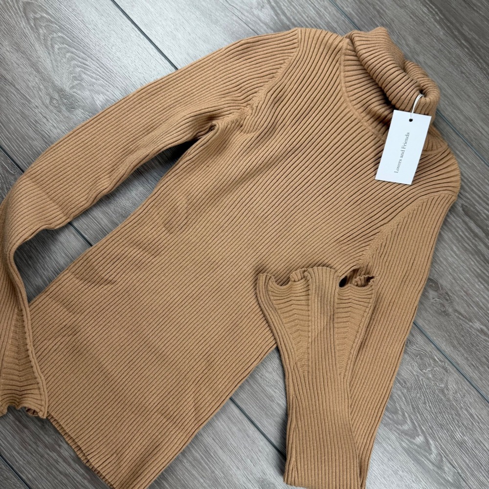 Lovers and Friends Women Sweater Ribbed Turtleneck Bell Sleeve Tan M